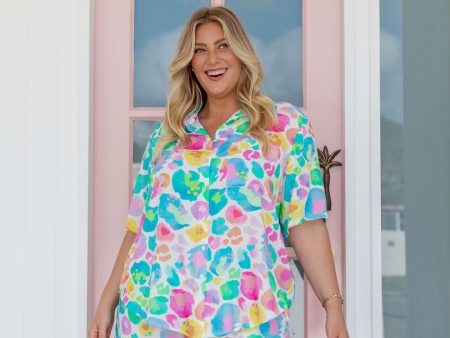 Samara Linen Blend Shirt in Pastel Leopard by Kasey Rainbow on Sale