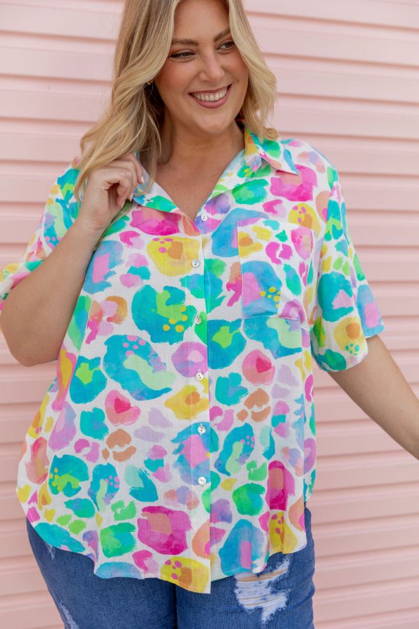 Samara Linen Blend Shirt in Pastel Leopard by Kasey Rainbow on Sale