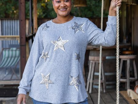 Harriet Star Sequin Knit Top in Grey Supply