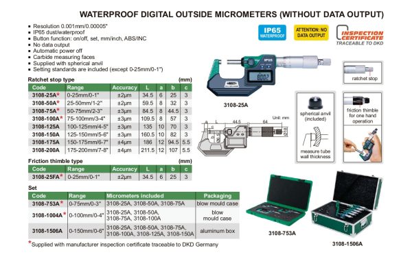 INSIZE Waterproof Digital outside Micrometer - without Data Output Online